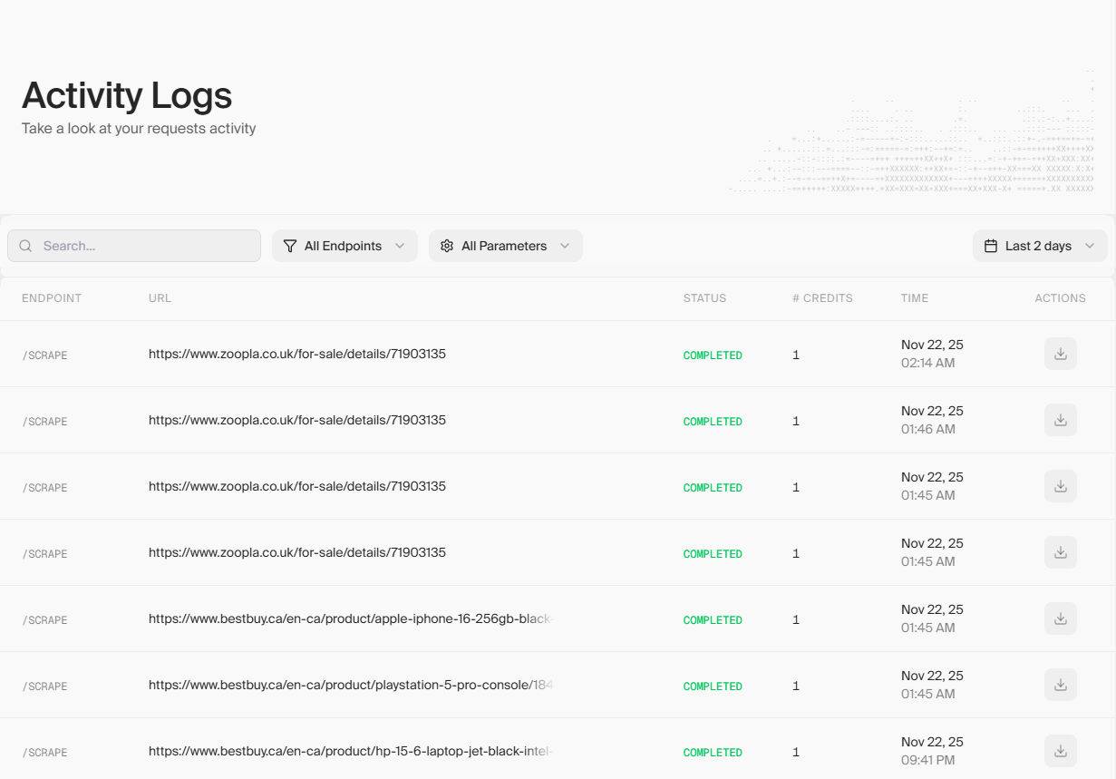 screengrab of firecrawl scraping logs dashboard