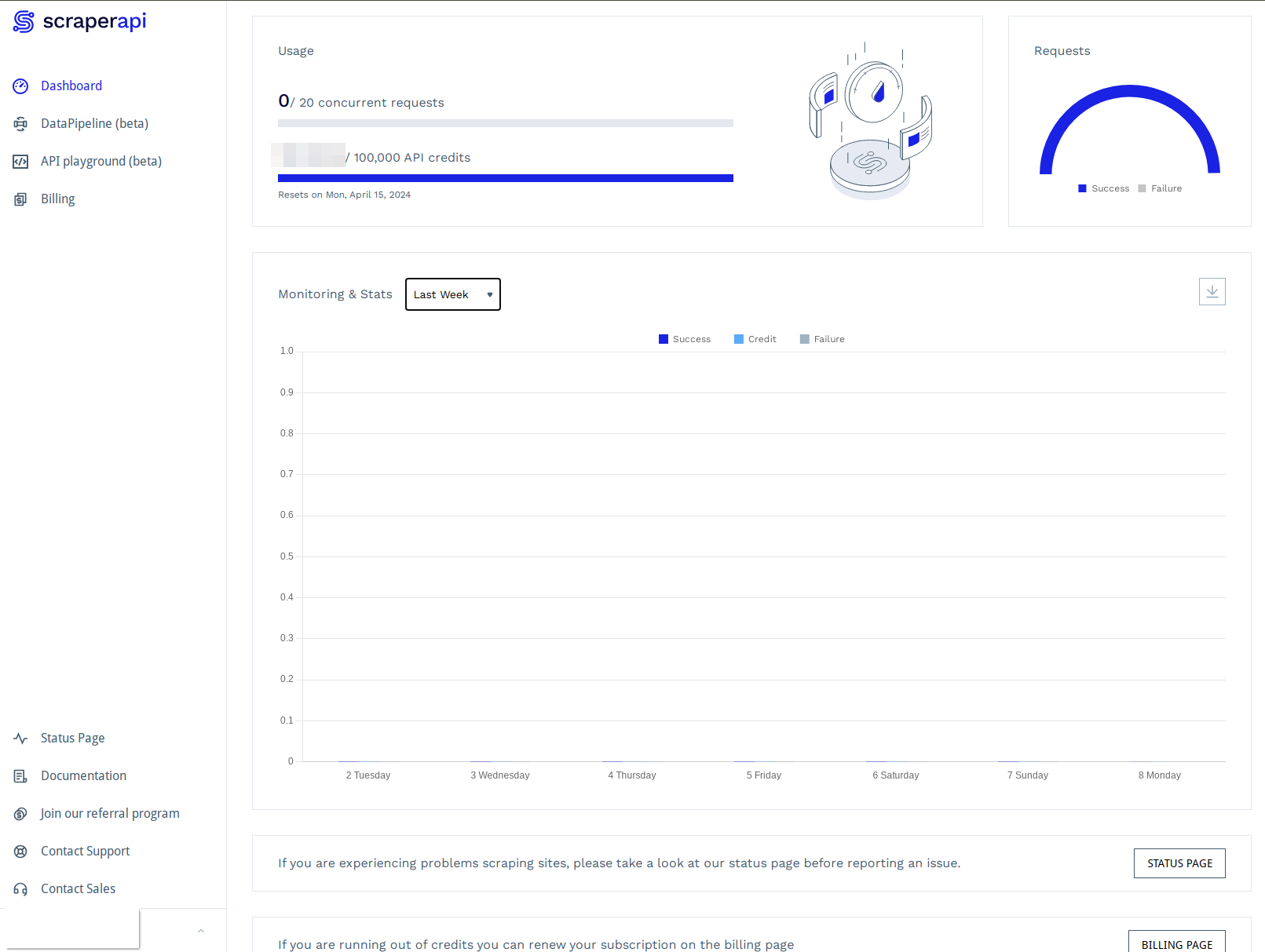 screengrab of scraperapi web dashboard