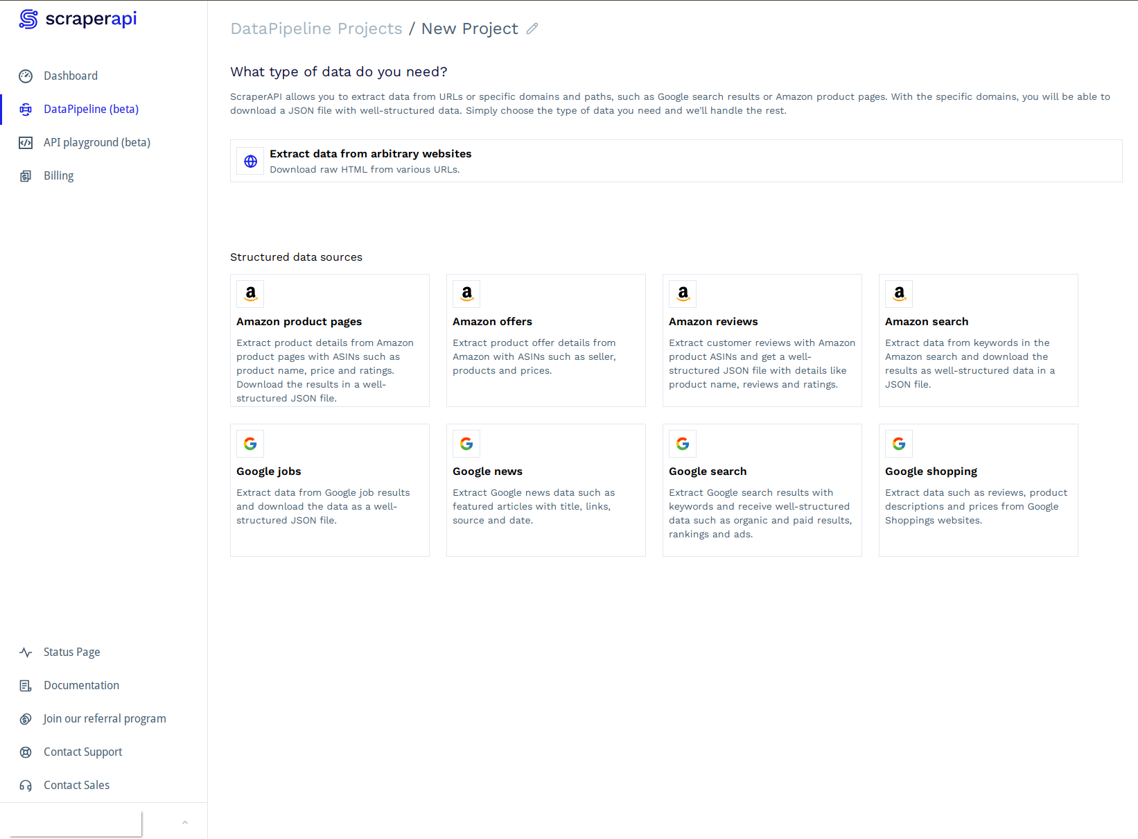 screengrab of scraperapi web pipelines