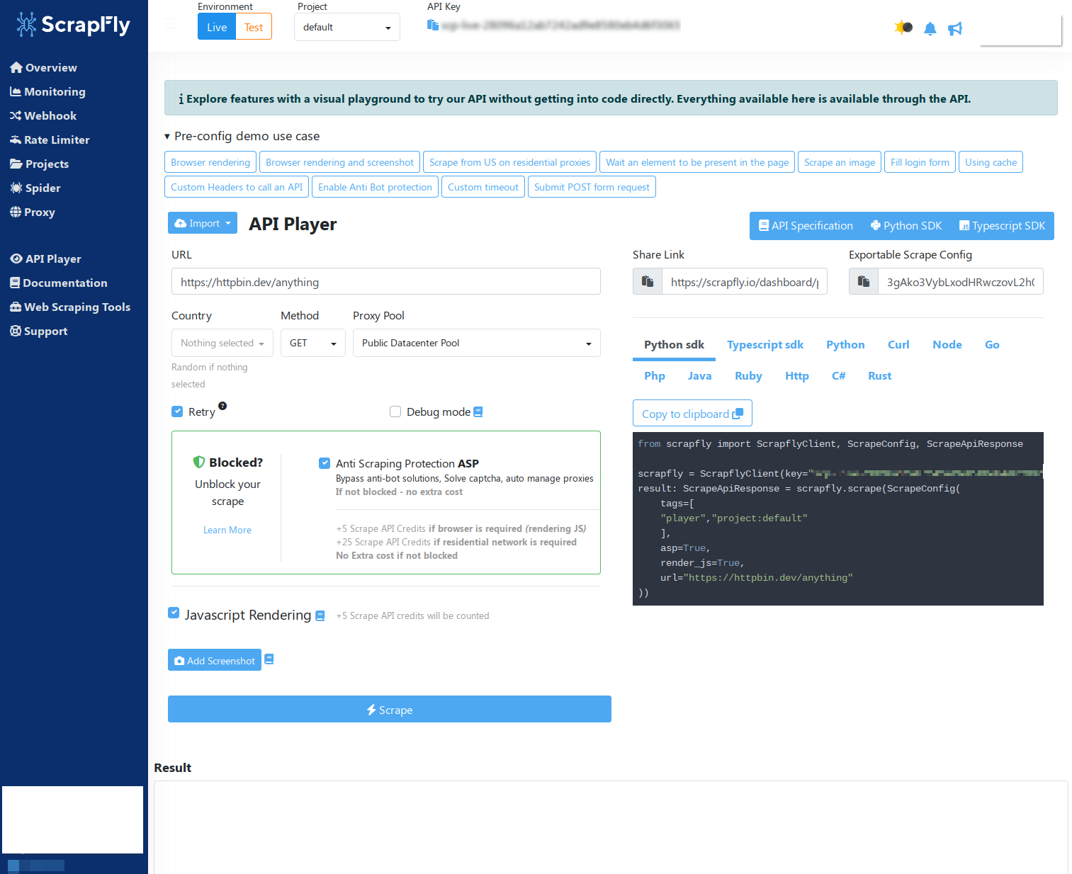 screencapture of scrapfly web api player