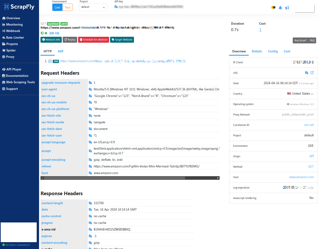 screencapture of scrapfly log details dashboard