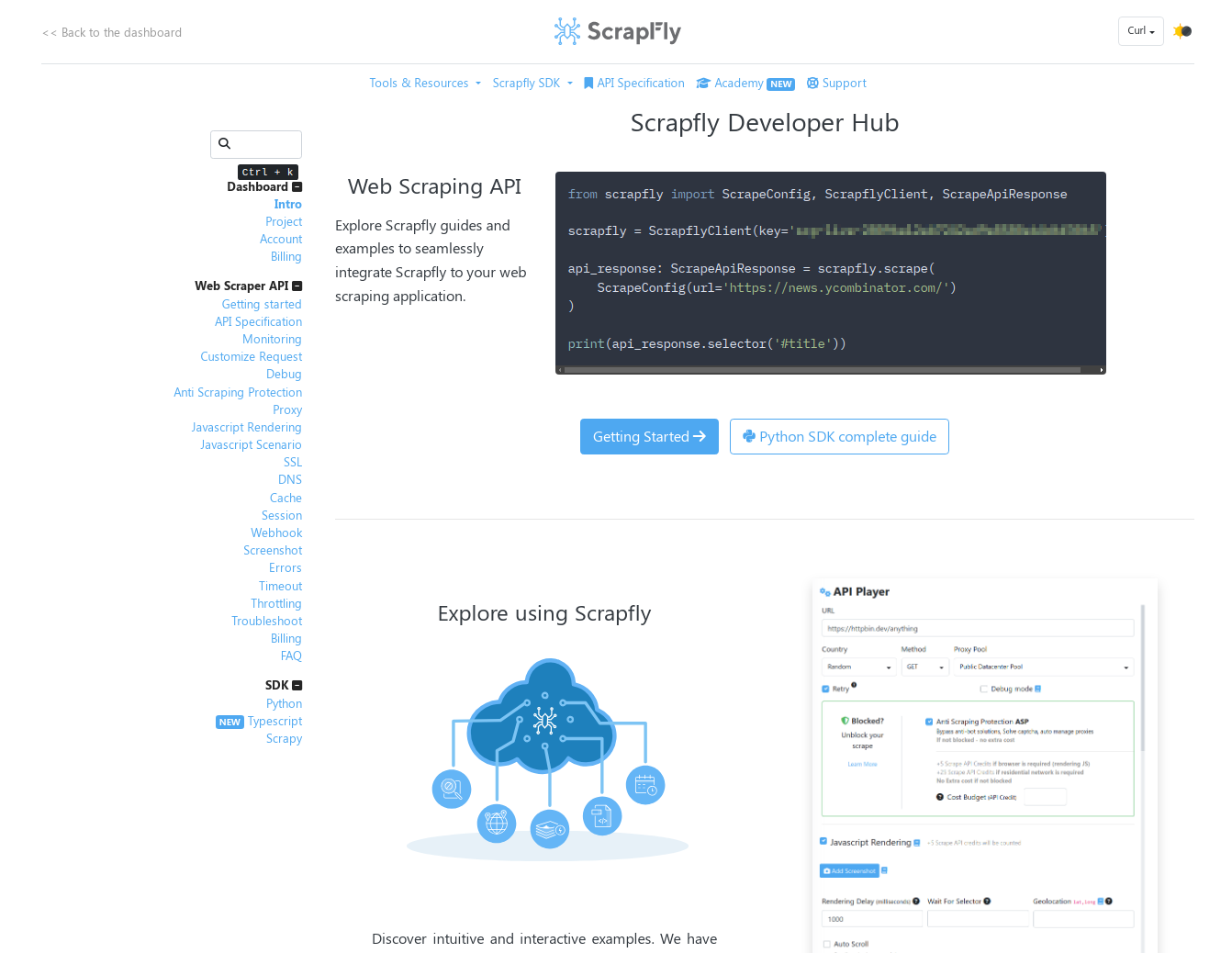 screencapture of scrapfly docs