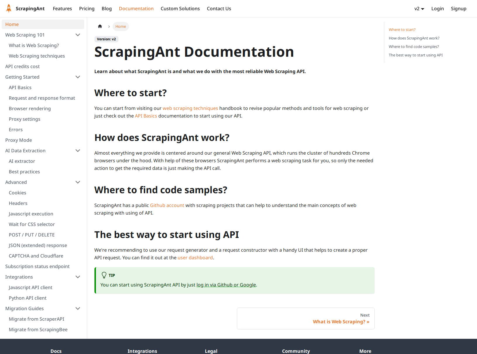 screengrab of scrapingant docs
