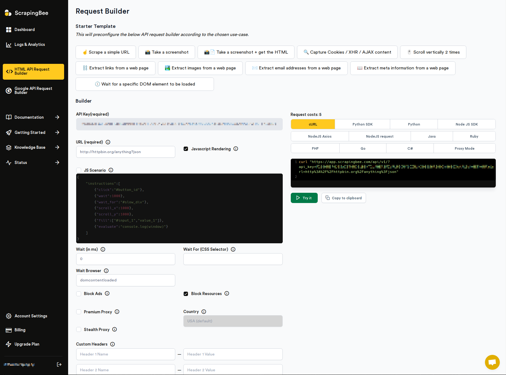 screengrab of scrapingbee web api player