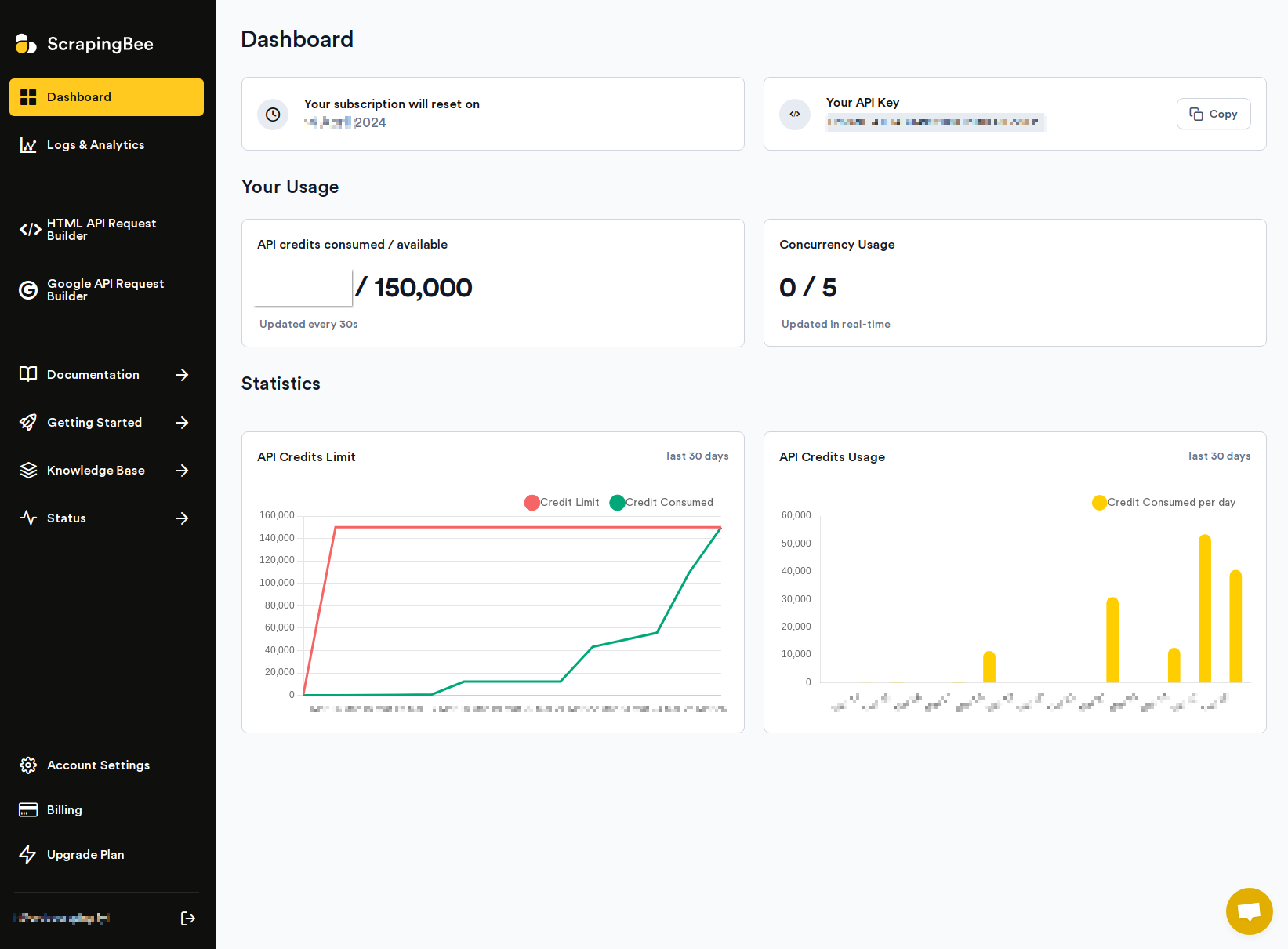 screengrab of scrapingbee web dashboard home