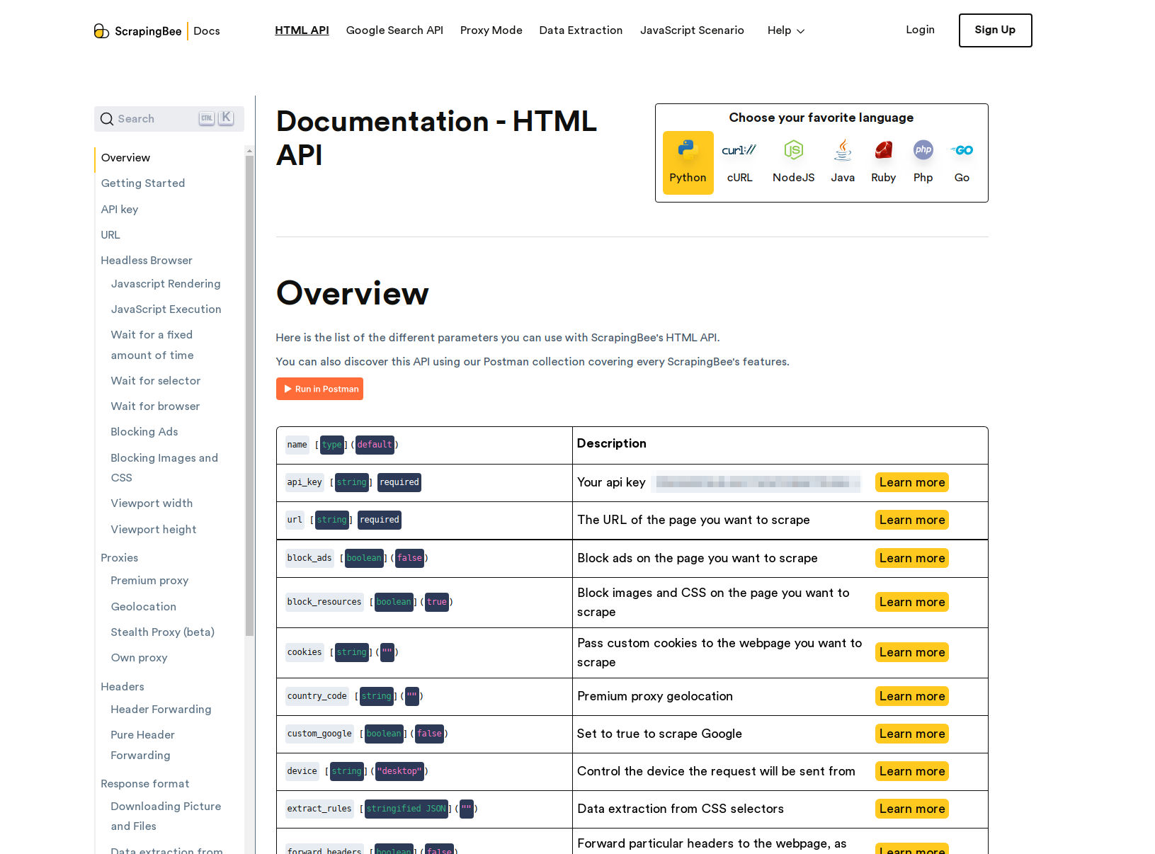 screengrab of scrapingbee docs