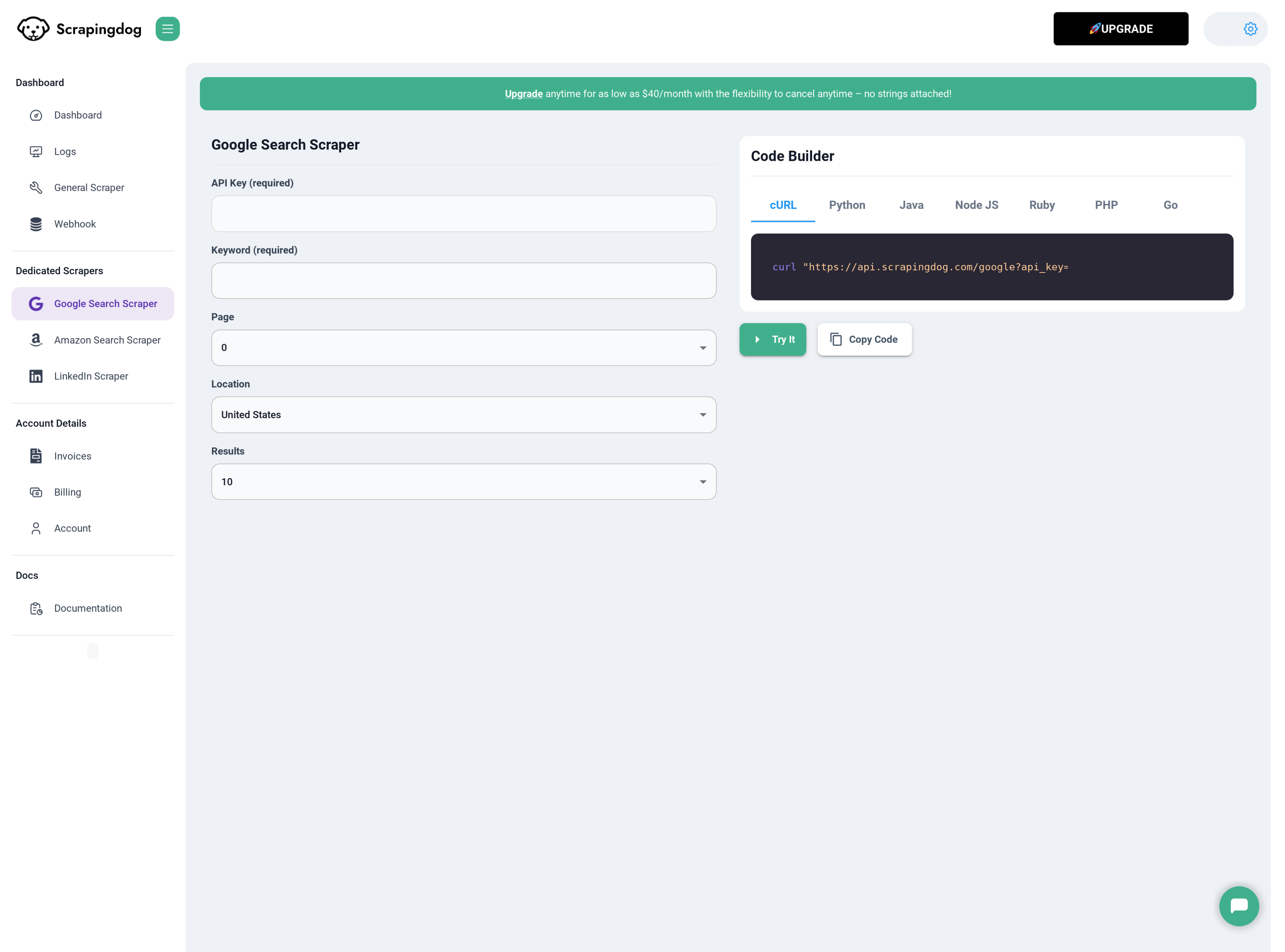 screengrab of scrapingdog dedicated scraper page