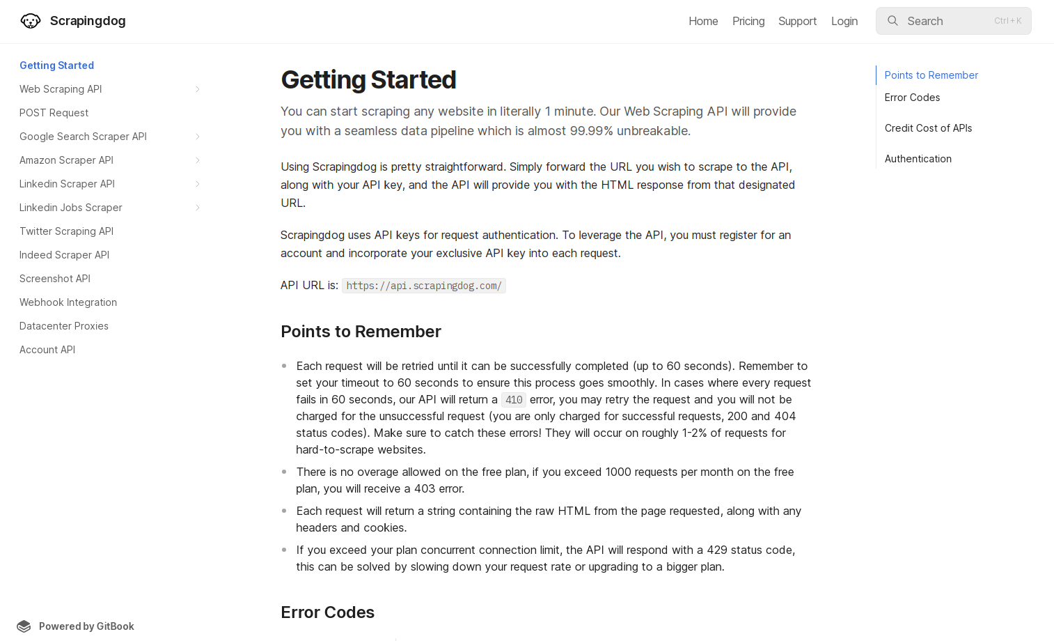 screengrab of scrapingdog docs