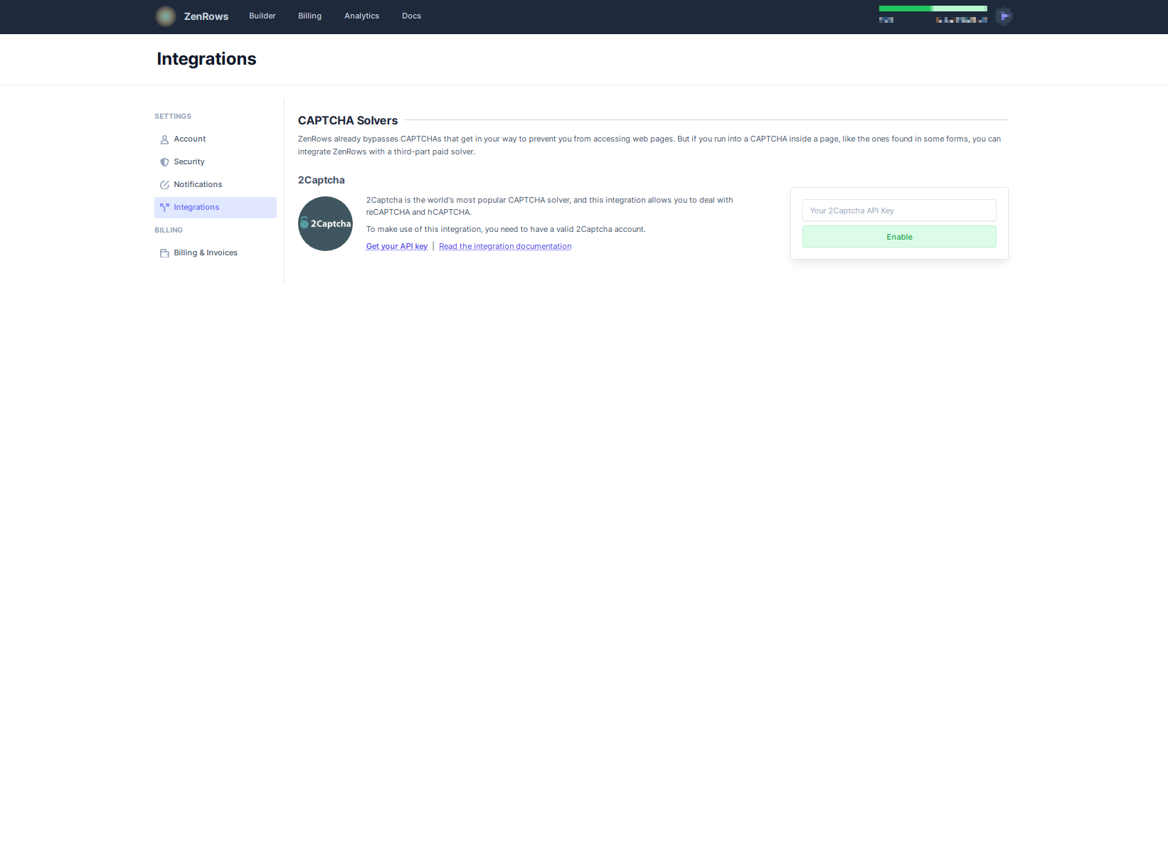 screengrab of zenrows integrations dashboard